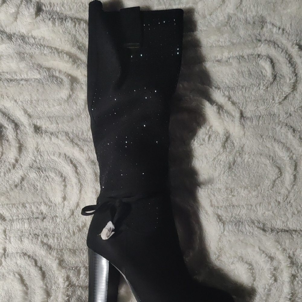 Elegant Black Rhinestone Studded Knee-High Women's Boots - Picture 3 of 9